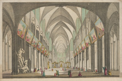 Perspective view of the interior of Notre Dame Cathedral in Paris