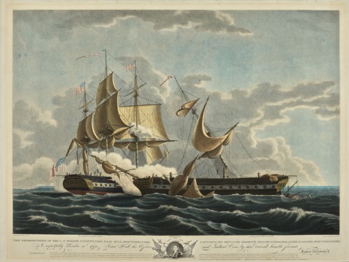 This representation of the U.S. Frigate Constitution, Isaac Hull, Esquire Commander, Capturing His Britannic Majesty’s Frigate.