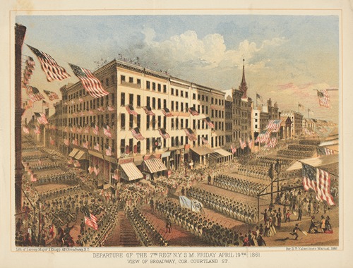 Departure of the 7th Regt N.Y.S.M. Friday April 19thd 1861. View of Broadway, Cor. Courtland St.