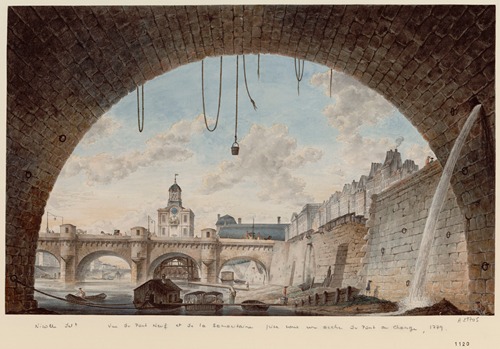Vue du Pont Neuf et de la Samaritaine prise sous une arche du Pont au Change