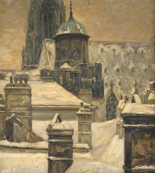 Blick auf den Adlerturm der Stephanskirche von den Dächern der Häusergruppe Stephansplatz