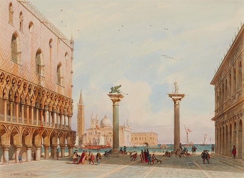 Ansicht der Piazzetta in Venedig mit dem Dogenpalast und Blick auf Il Redentore