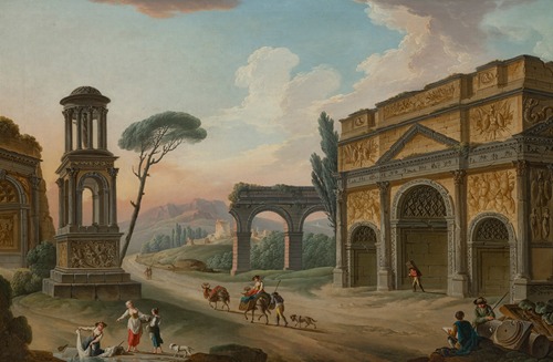 A capriccio with ancient monuments, including the Triumphal Arch of Orange, the aqueduct of Fréjus and the Mauseoleum of Glanum