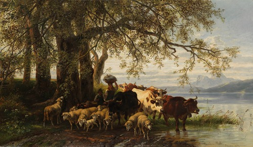 Farmers wife and shepherd boy with cattle and a flock of sheep by the lakeside