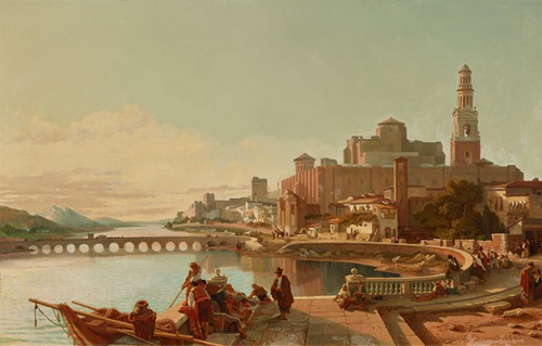 Fischer und weitere Figuren am Ufer des Guadalquivir mit Blickauf die römische Brücke und der Großen Moschee von Cordoba