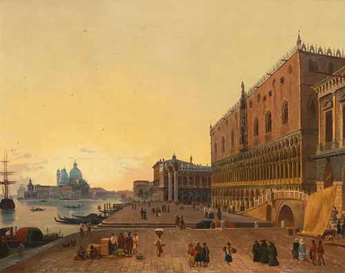 Blick von der Riva degli Schiavoni über den Bacino di San Marco auf S. Maria della Salute bei Sonnenuntergang