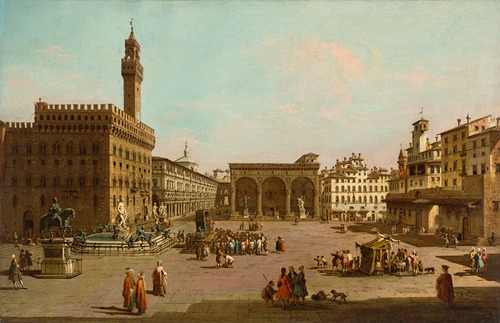 Florence, looking South with a view of the Piazza della Signoria with the Palazzo Vecchio and the Loggia dei Lanzi