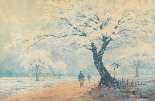 Landschaft während der Kirschblüte mit Spaziergängern