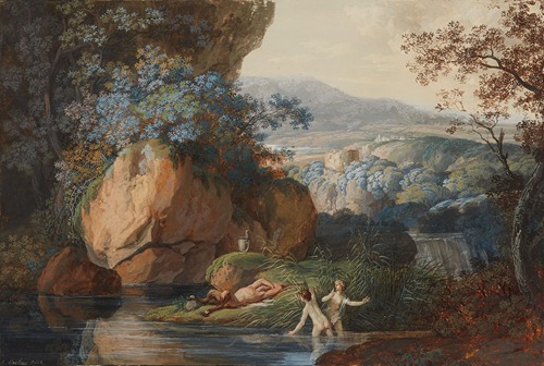 Südliche Landschaft mit schlafendem Faun und zwei Badenden