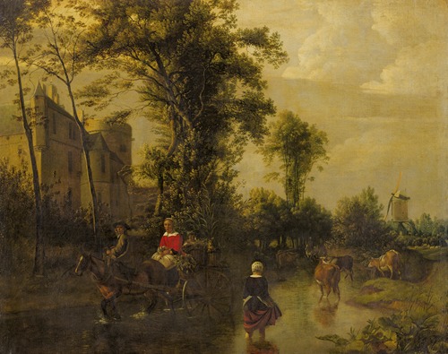A river landscape with a horse-drawn cart carrying a lady with baskets of vegetables across a ford next to a castle