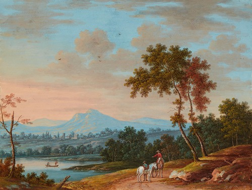 Landschaft mit zwei Reitern und zwei Ruderern
