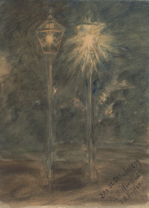Eine alte und eine neue Gaslaterne in der Nacht des 31. Oktobers 1899