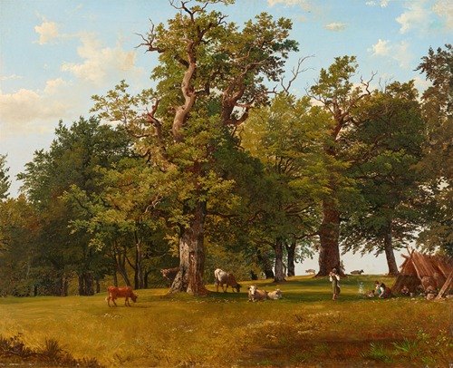 Waldlandschaft mit Hirten und Kühen