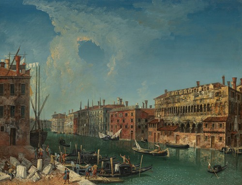 Venice, a stonemason’s yard on the Grand Canal, with a view of the Palazzo Ca’ Tron, the Palazzo Belloni Battagia and the Fondaco del Megio