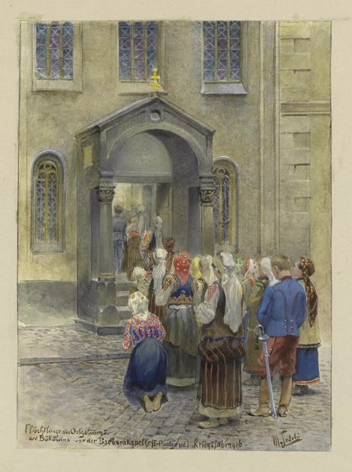 Flüchtlinge aus Ostgalizien und der Bukowina vor der Barbarakapelle (I. Postgasse) Kriegsjahr 1916
