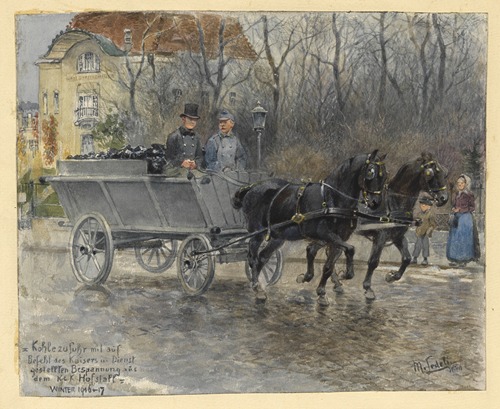 Kohlezufuhr mit Pferden aus den Hofstallungen im Winter 1916-17 in Wien (vor dem Stadtgartenamt)
