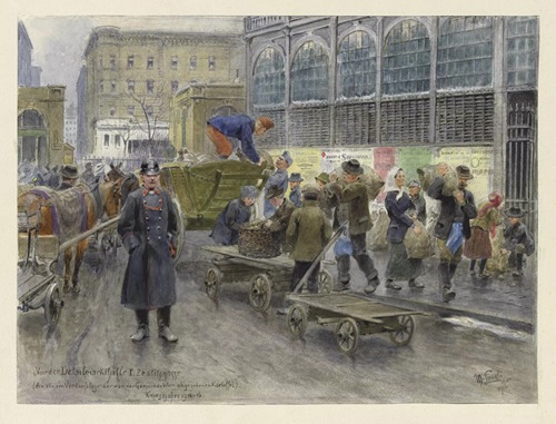 Vor der Detailmarkthalle I. Zedlitzgasse. (An einem Verkaufstage der von der Gemeinde Wien abgegebenen Kartoffel) Kriegsjahre 1914-16