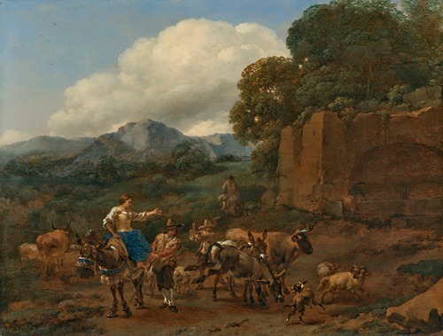 An Italianate landscape with a shepherdess on a mule and a shepherd, herding cattle, sheep, donkeys and dogs on a mountain track next to ruins