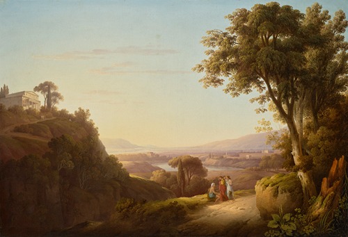 Lake Albano with the Castel Gandolfo, with figures in the foreground