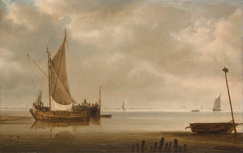 A calm estuary with a smalschip and a waterschip at anchor, with other ships in the distance