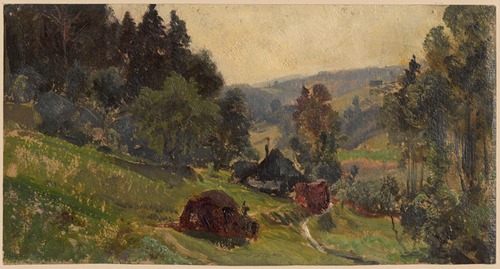 Mountain valley with a path leading towards a farm in Przesieka