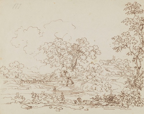 Landscape with a River, Stone Bridge and a Classical Building on a Hill