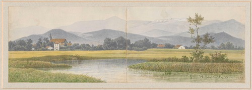 Mountain landscape with panorama of the Karkonosze and view of a church
