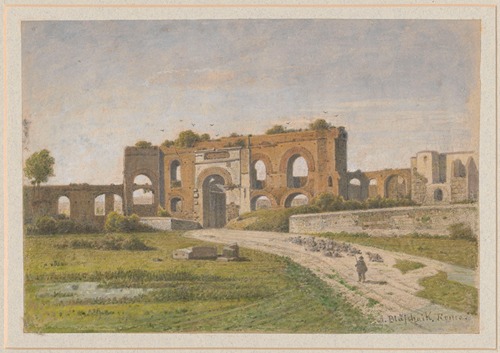 View of a fragment of aqueduct by Porta Maggiore in Rome, view from the side of Piazza di Porta Maggiore