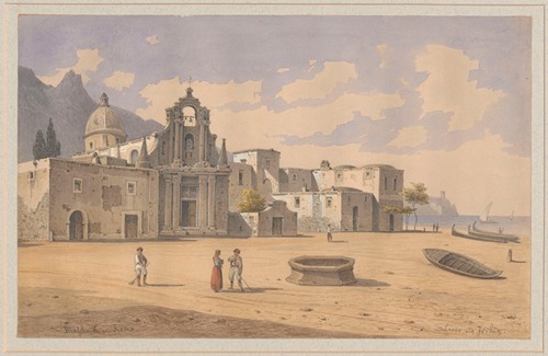 View of a quay with Baroque church in the port town Lacco Ameno in Ischia