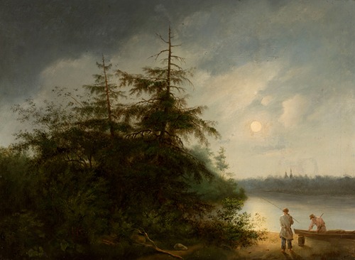 Nocturnal landscape with fishermen