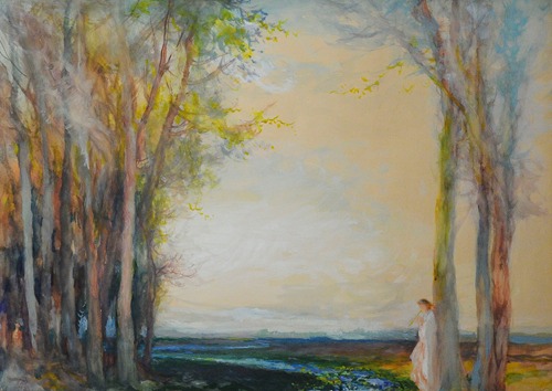 Spring, landscape with a figure playing the pipe