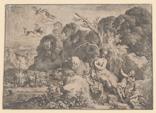 Landscape with a nymph sitting on a rock and two cupids