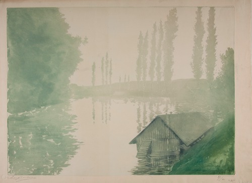 Hazy riverside landscape with poplars and a house on the water