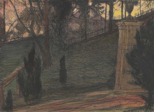Fragment of a garden with an urn on a pedestal