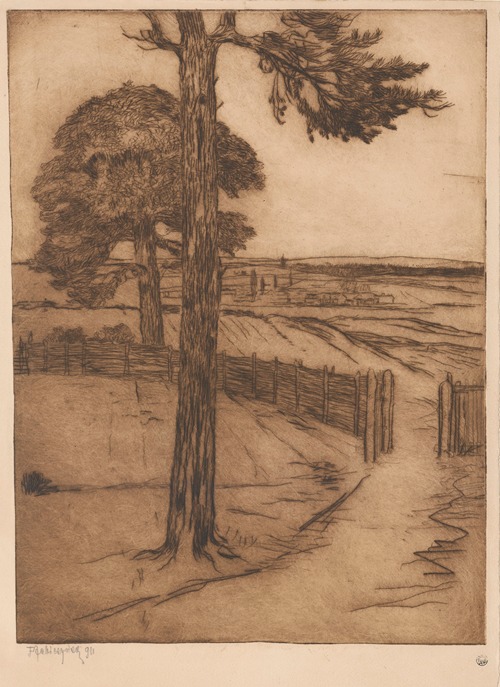 Pines against the background of rural landscape