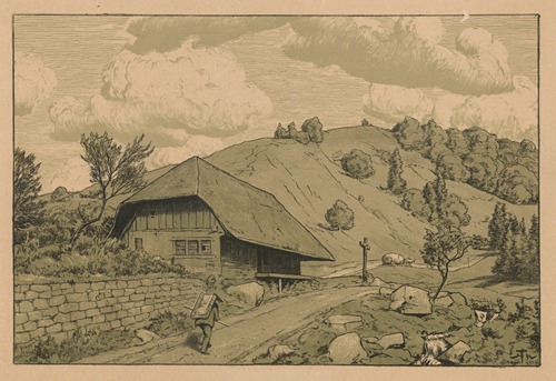 Rural landscape with a wanderer from the area around Happach in the Black Forest