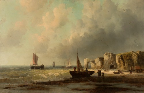 Sea coast with fishermen and boats