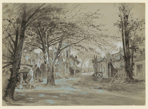La Montansier – maquette de décor – entrée de petite ville, tribune ornée de drapeaux à droite