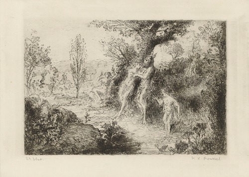 Faunes et nymphes dans un chemin forestier
