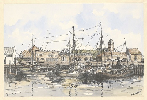 De haven van IJmuiden, met rechts op de achtergrond het Ned. Herv. kerkje (de in 1880 gebouwde kerk is in 1968 afgebroken)