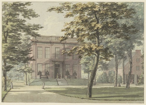 De buitenplaats Oud Berkenrode, Oostzijde. Pen in zwart, penseel in kleuren.