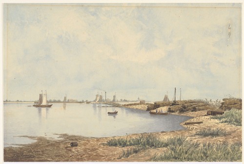 Het Noordzeekanaal te IJmuiden met vissersboten; op de achtergrond in het m. een fabrieksschoorsteen