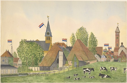 Mei 1945, de Nederlandse vlag wappert op de daken. l. de Ned-Herv-kerk, r. de rk-kerk, vanuit het noordwesten, met een gedeelte van het Krommenieerpad