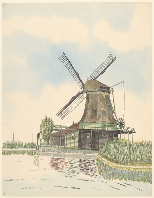 molens; oliemolen De Wind, Kalverringdijk, verbrand 1914, geheel links een fabriek met schoorsteen