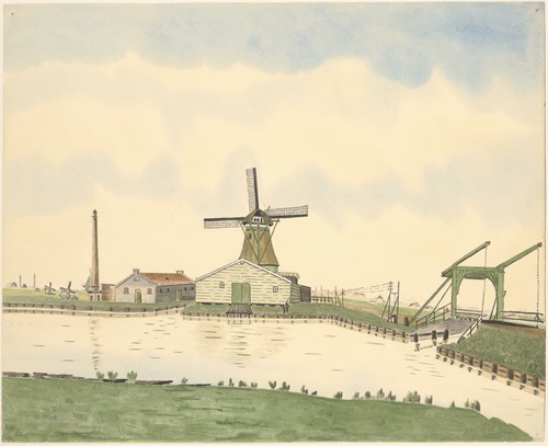 Papiermolen De Schoolmeester aan het Guispad, (nu Guisweg 28) met rechts een ophaalbrug