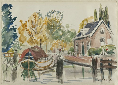 Gezicht in Weesp met brug, water, boot huizen