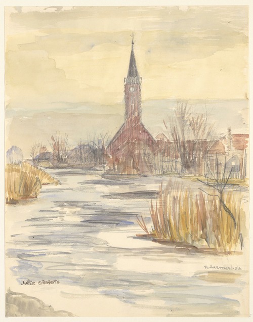 Gezicht op de kerk, op de voorgrond water