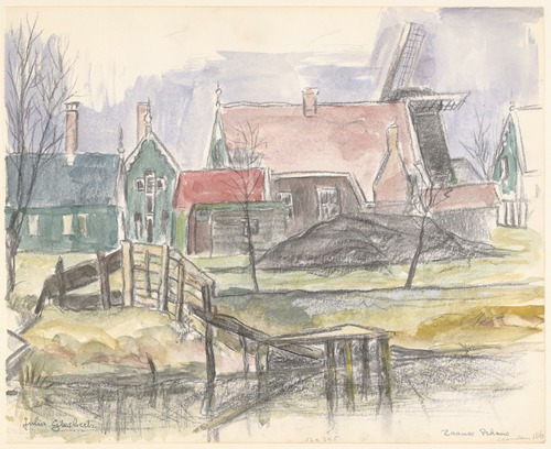 Huizen aan de Zaanse-Schans, rechts op de achtergrond een molen