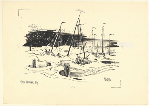 De haven van Volendam in de winter met kruiend ijs.