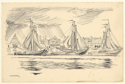 Gezicht op de haven van Volendam vanaf het Markermeer.